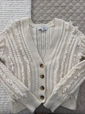 INTERMIX Cream Textured Fringe Knit Cardigan